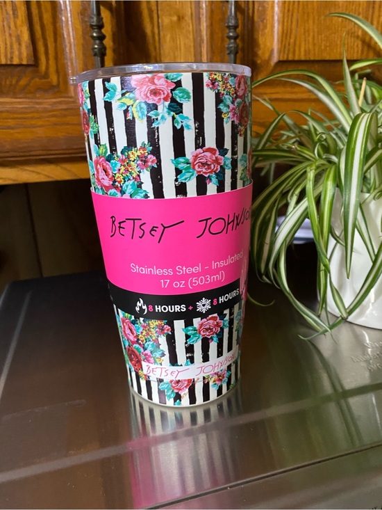 Betsey Johnson Other - Betsey Johnson Black & White Striped Floral Tumbler with Hot Pink Logo